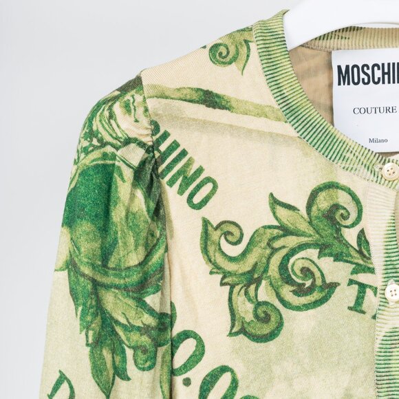 Moschino AW/19 Green Wool Money-Print Ruched Cardigan - Picture 4 of 10